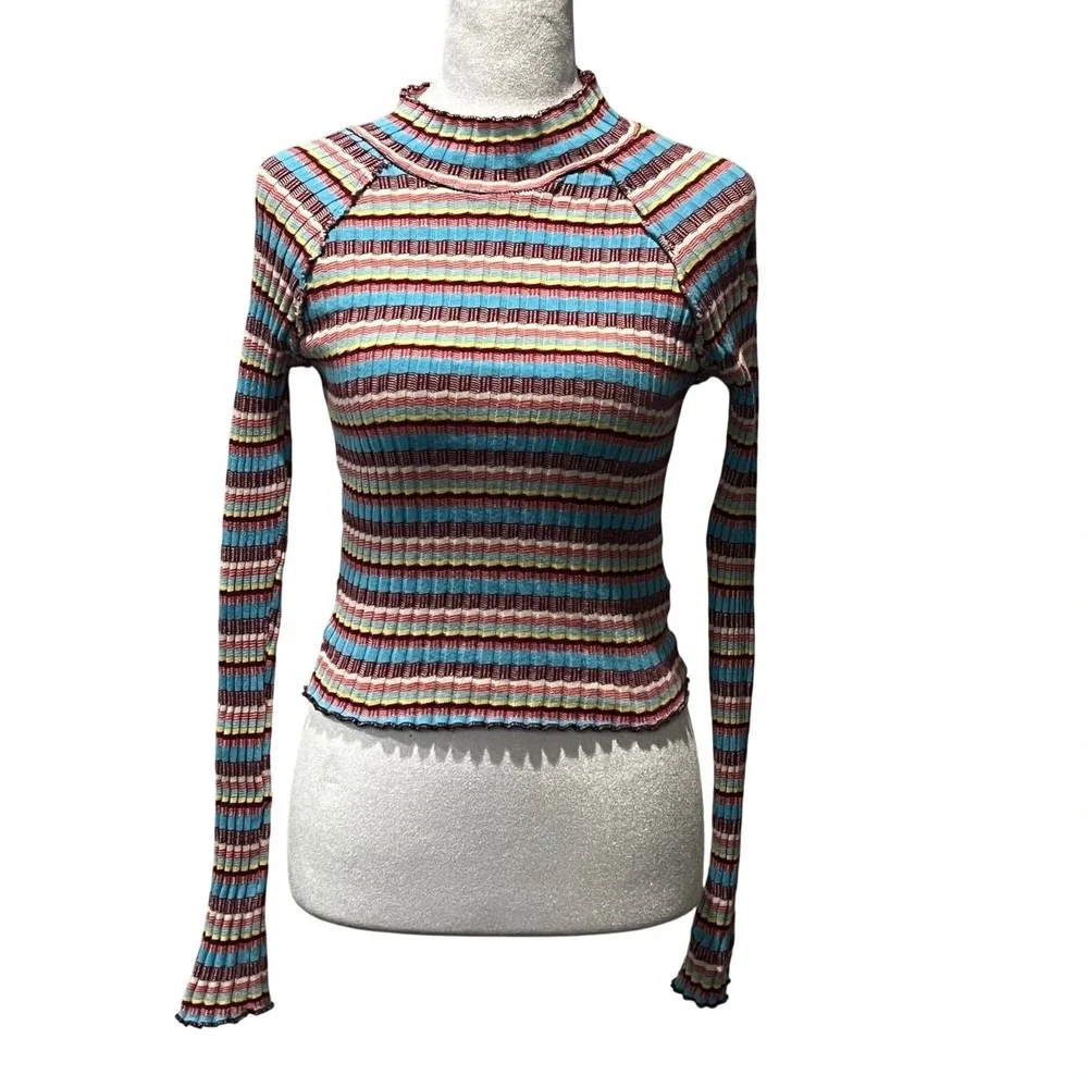 Free People Mirror‎ Striped Tee Mock Ruffle Cropped Long Sleeve Top Small Retro
